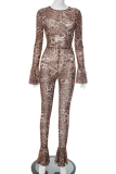 Leopard Print Sexy Leopard Print Patchwork O Neck Skinny Jumpsuits