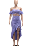 Blue Sexy Solid Color Draw String Slit Flounce Strapless Short Sleeve Two Pieces
