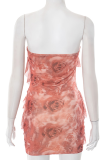 Pink Sexy Print Flounce Strapless Wrapped Skirt Dresses