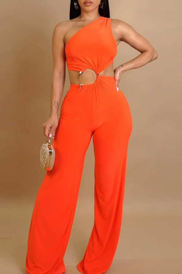 Orange Sexy Solid Color Hollow Out Oblique Collar Regular Jumpsuits