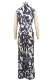 Black Casual Daily Print Buckle Turndown Collar Short Sleeve Two Pieces
