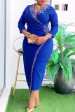 Blue Elegant Solid Color Hot Drill V Neck Wrapped Skirt Plus Size Dresses
