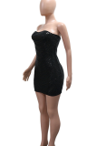 Black Sexy Solid Color Sequins Strapless Wrapped Skirt Dresses