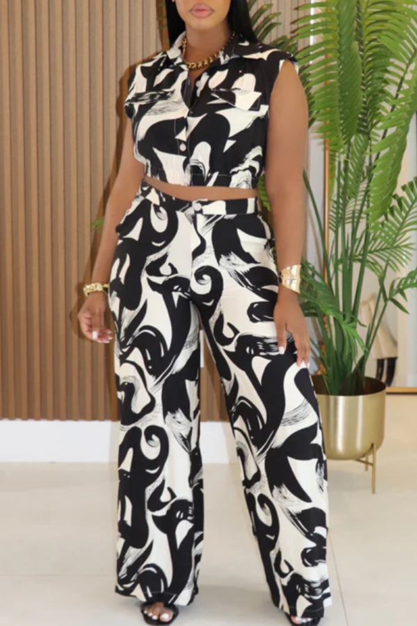 Black Casual Daily Print Buckle Turndown Collar Short Sleeve Two Pieces