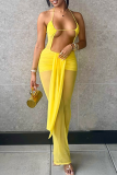 Yellow Sexy Solid Color Hollow Out Halter Skinny Jumpsuits