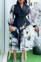 White Elegant Print Fringed Trim Contrast Turndown Collar Long Plus Size Dresses