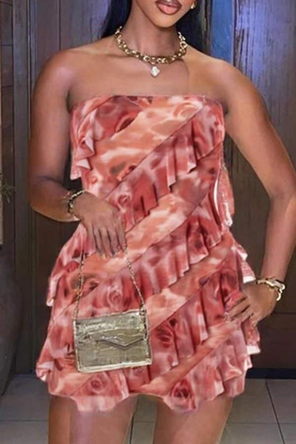 Pink Sexy Print Flounce Strapless Wrapped Skirt Dresses