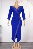 Blue Elegant Solid Color Hot Drill V Neck Wrapped Skirt Plus Size Dresses