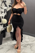 Black Sexy Solid Color Draw String Slit Flounce Strapless Short Sleeve Two Pieces