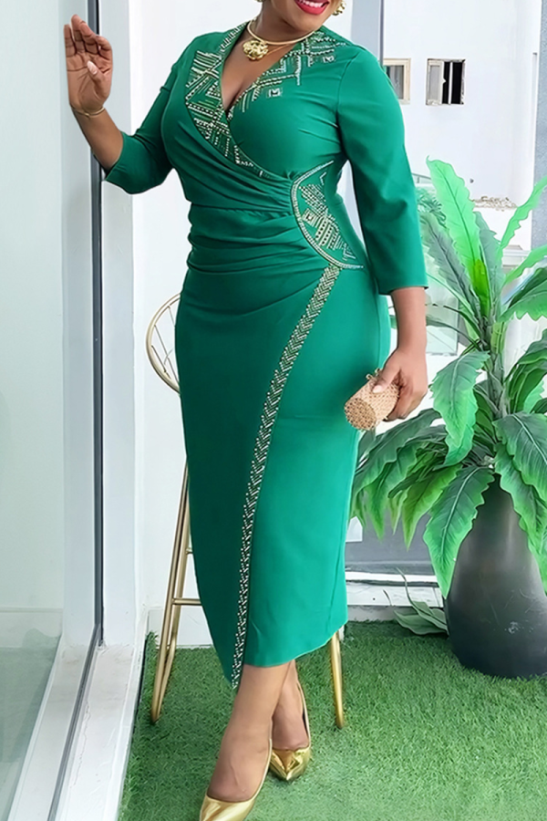 Green Elegant Solid Color Hot Drill V Neck Wrapped Skirt Plus Size Dresses
