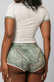 White Casual Print Draw String Contrast O Neck Short Sleeve Two Pieces