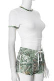 White Casual Print Draw String Contrast O Neck Short Sleeve Two Pieces