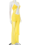 Yellow Sexy Solid Color Hollow Out Halter Skinny Jumpsuits
