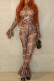 Leopard Print Sexy Leopard Print Patchwork O Neck Skinny Jumpsuits