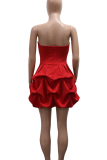 Red Sexy Solid Color Ruched Strapless Wrapped Skirt Dresses