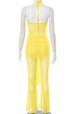 Yellow Sexy Solid Color Hollow Out Halter Skinny Jumpsuits