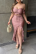 Pink Sexy Solid Color Draw String Slit Flounce Strapless Short Sleeve Two Pieces