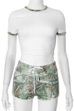 White Casual Print Draw String Contrast O Neck Short Sleeve Two Pieces