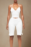 White Sexy Solid Color Backless Strap Design Halter Sleeveless Two Pieces