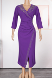 Blue Elegant Solid Color Hot Drill V Neck Wrapped Skirt Plus Size Dresses