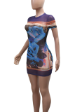 Purple Sexy Print Patchwork O Neck Wrapped Skirt Dresses