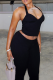 Black Sexy Solid Color Backless Strap Design Halter Sleeveless Two Pieces
