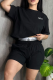 Black Casual Letters Draw String O Neck Short Sleeve Two Pieces