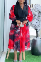 Red Elegant Print Fringed Trim Contrast Turndown Collar Long Plus Size Dresses