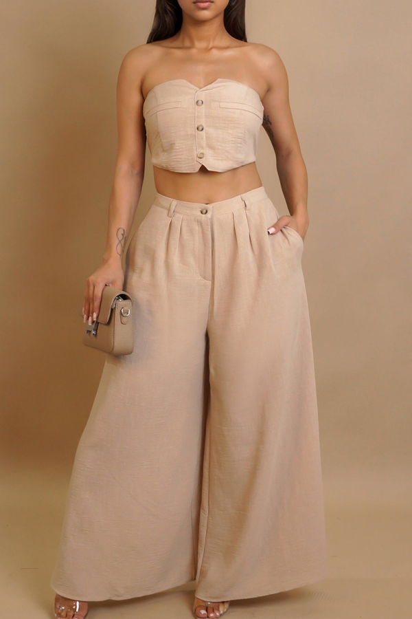 Khaki Sexy Solid Color Buckle Strapless Sleeveless Two Pieces