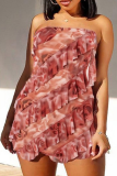 Pink Sexy Print Flounce Strapless Wrapped Skirt Dresses