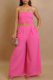 Rose Red Sexy Solid Color Buckle Strapless Sleeveless Two Pieces