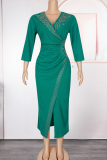 Blue Elegant Solid Color Hot Drill V Neck Wrapped Skirt Plus Size Dresses