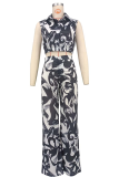 Black Casual Daily Print Buckle Turndown Collar Short Sleeve Two Pieces