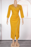 Blue Elegant Solid Color Hot Drill V Neck Wrapped Skirt Plus Size Dresses