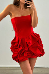 Red Sexy Solid Color Ruched Strapless Wrapped Skirt Dresses