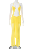 Yellow Sexy Solid Color Hollow Out Halter Skinny Jumpsuits