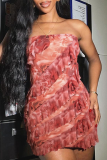 Pink Sexy Print Flounce Strapless Wrapped Skirt Dresses