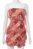 Pink Sexy Print Flounce Strapless Wrapped Skirt Dresses