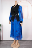 Red Elegant Print Fringed Trim Contrast Turndown Collar Long Plus Size Dresses
