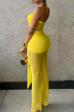 Yellow Sexy Solid Color Hollow Out Halter Skinny Jumpsuits