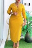 Blue Elegant Solid Color Hot Drill V Neck Wrapped Skirt Plus Size Dresses