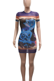 Purple Sexy Print Patchwork O Neck Wrapped Skirt Dresses