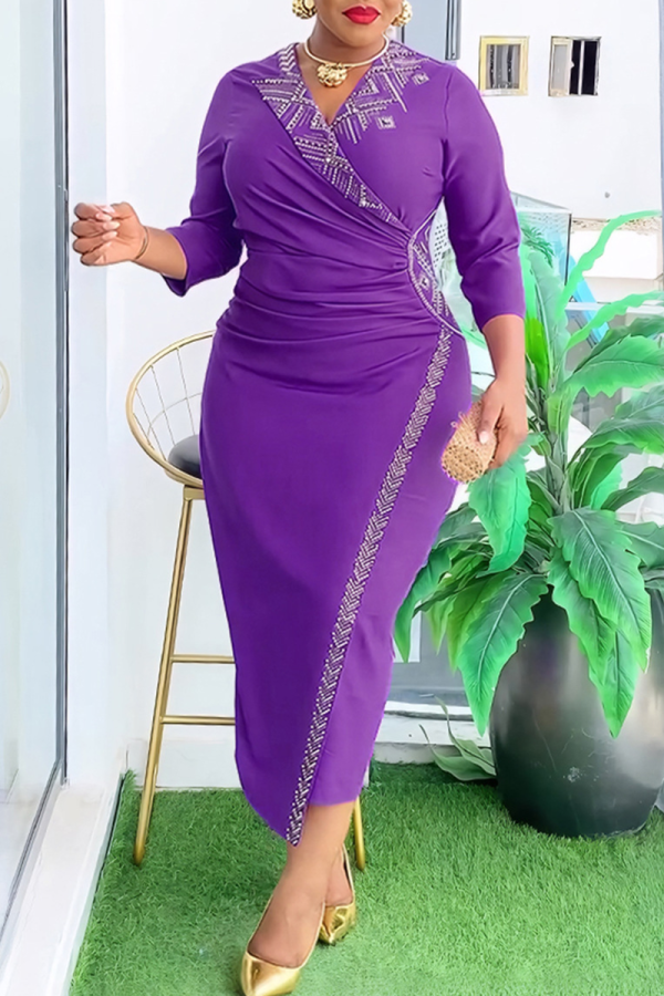 Purple Elegant Solid Color Hot Drill V Neck Wrapped Skirt Plus Size Dresses