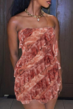 Pink Sexy Print Flounce Strapless Wrapped Skirt Dresses