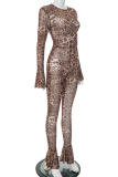 Leopard Print Sexy Leopard Print Patchwork O Neck Skinny Jumpsuits