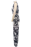 Black Casual Daily Print Buckle Turndown Collar Short Sleeve Two Pieces