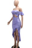 Blue Sexy Solid Color Draw String Slit Flounce Strapless Short Sleeve Two Pieces