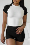 Black Casual Contrast O Neck Short Sleeve Two Pieces