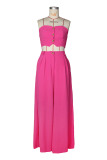 Rose Red Sexy Solid Color Buckle Strapless Sleeveless Two Pieces