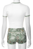 White Casual Print Draw String Contrast O Neck Short Sleeve Two Pieces